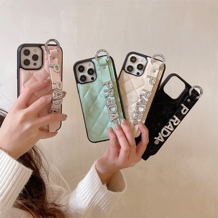 レディースリストストラップファッショングリッタープラダiPhone 15 pro携帯ケース